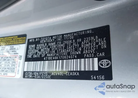 2007 Toyota Camry Se from USA, damaged, VIN 4T1BE46K17U624074